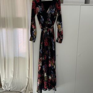 Floral Maxi Dress - Black with Multicolor Floral Pattern